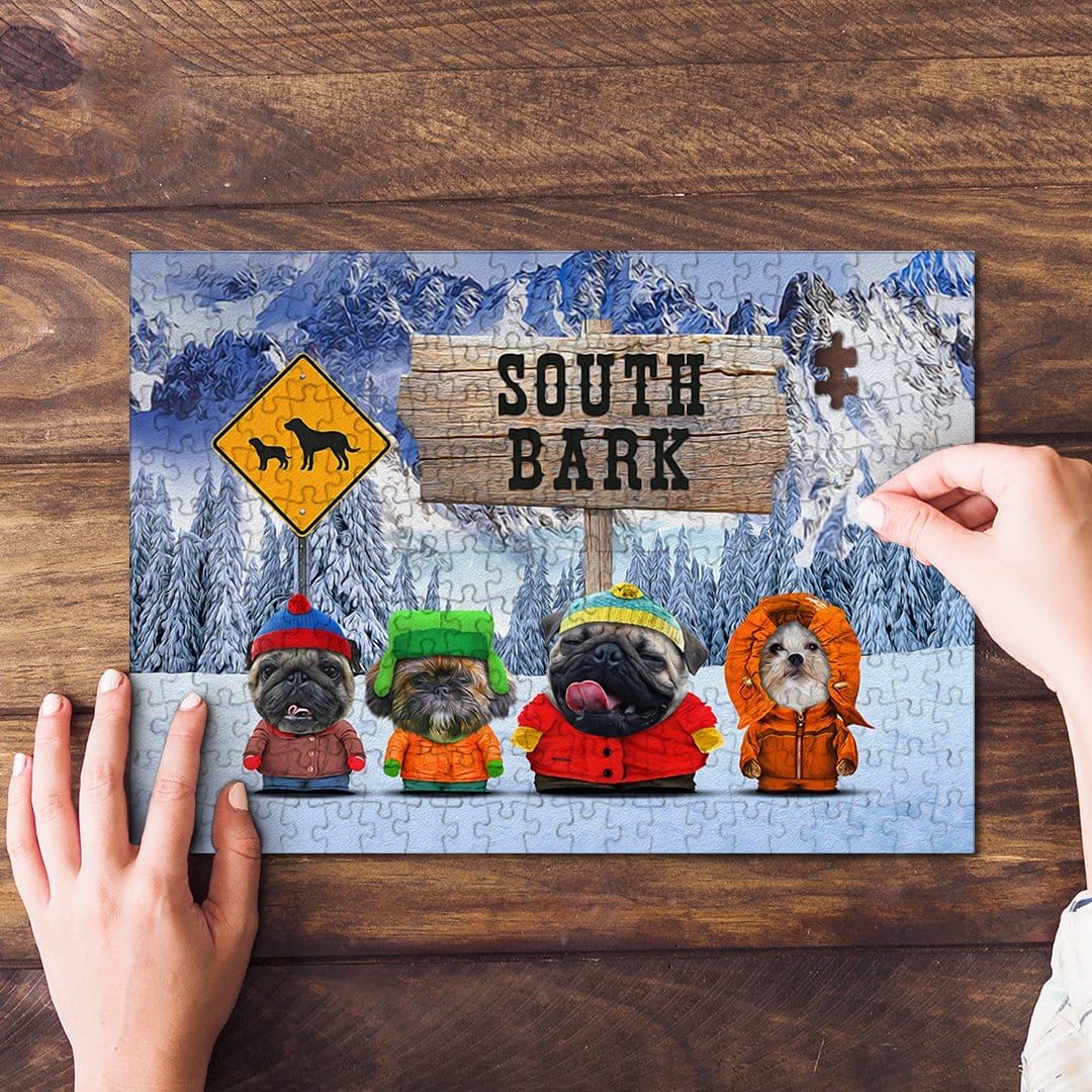 Personalized 4-pet puzzle featuring dogs in South Bark cartoon style, winter mountain background.