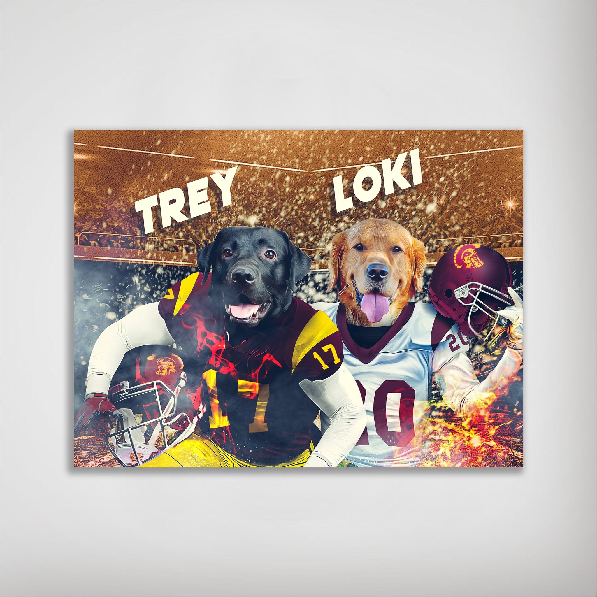 Personalized matte poster featuring two dogs, Trey and Loki, in USC football jerseys on a stadium background.