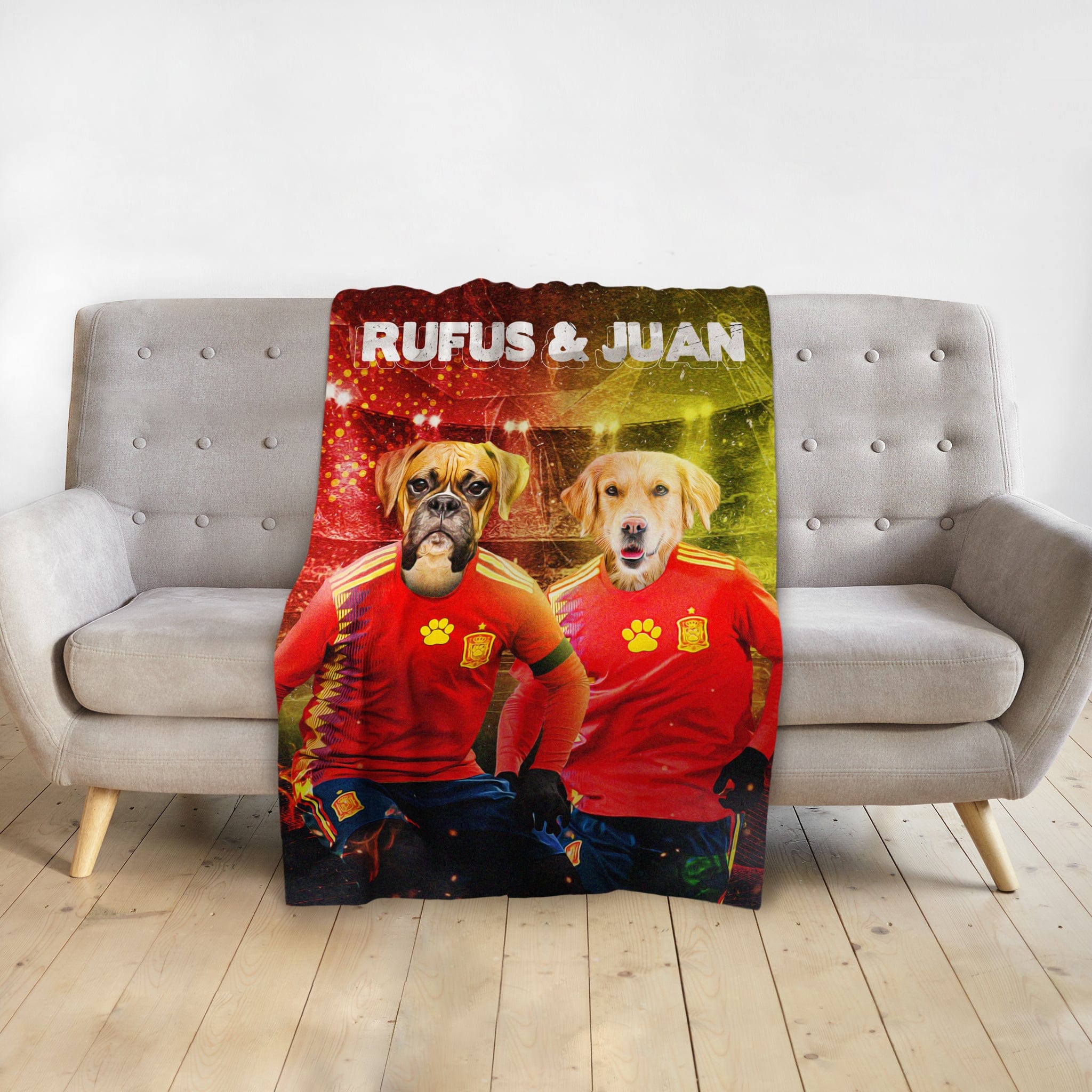 Personalized pet blanket with two dogs in Spain soccer jerseys, "Rufus &amp; Juan" text.
