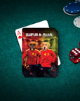 Personalized playing card featuring two dogs in Spain soccer jerseys, "Rufus & Juan" text, on a green felt table.