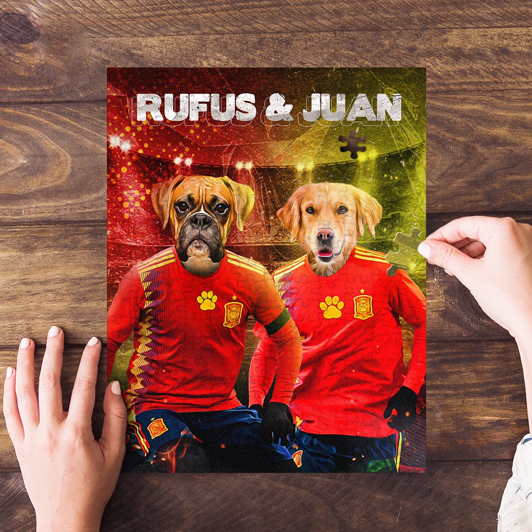 Personalized 2-pet puzzle featuring a boxer and golden retriever in Spain soccer jerseys.