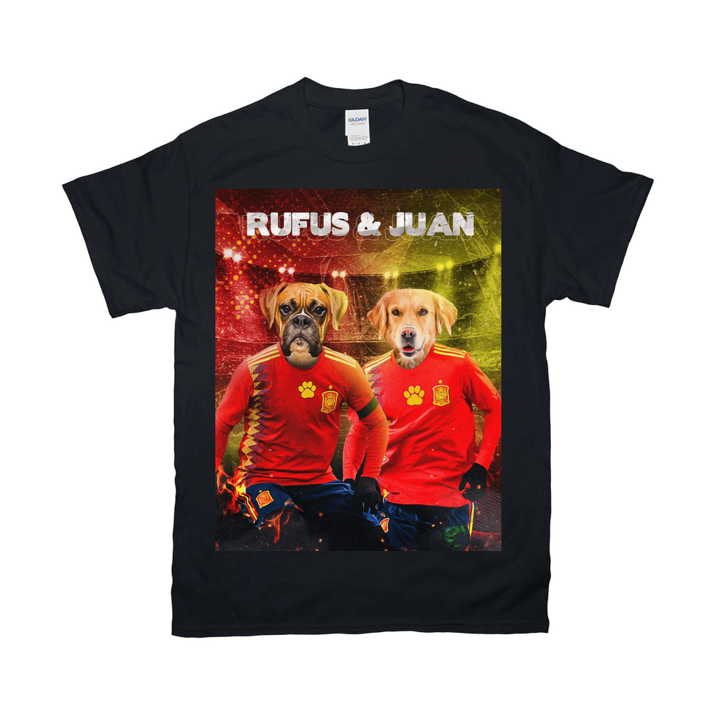 Black Gildan t-shirt with two dogs in red Spain soccer jerseys, personalized with "Rufus & Juan".