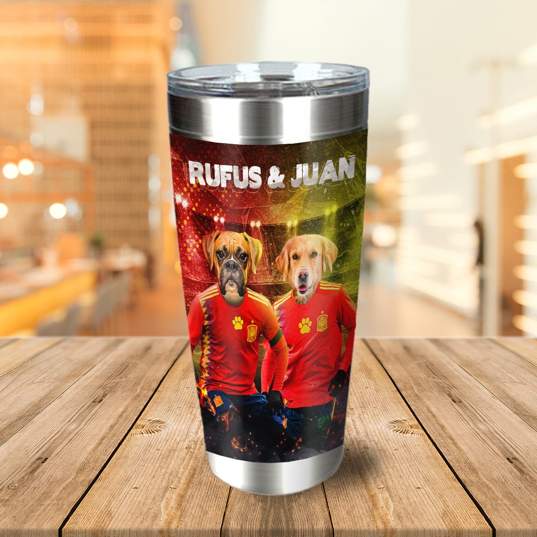 Personalized stainless steel tumbler with two dogs in Spain soccer jerseys, "Rufus & Juan" text.