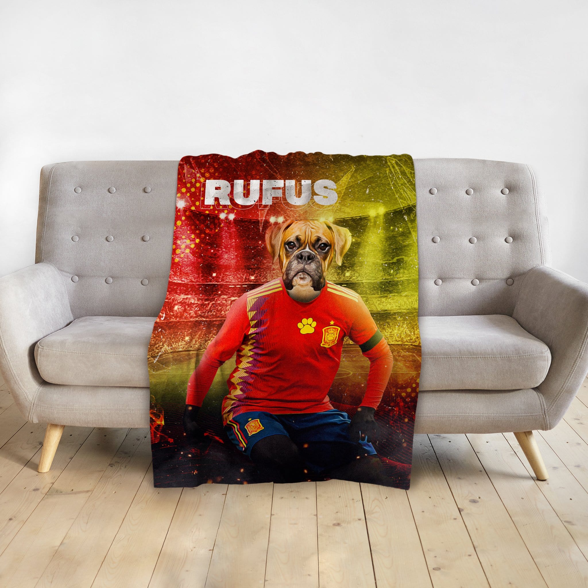 Personalized pet blanket with a boxer dog in a Spain soccer uniform, named "Rufus," on a stadium background.