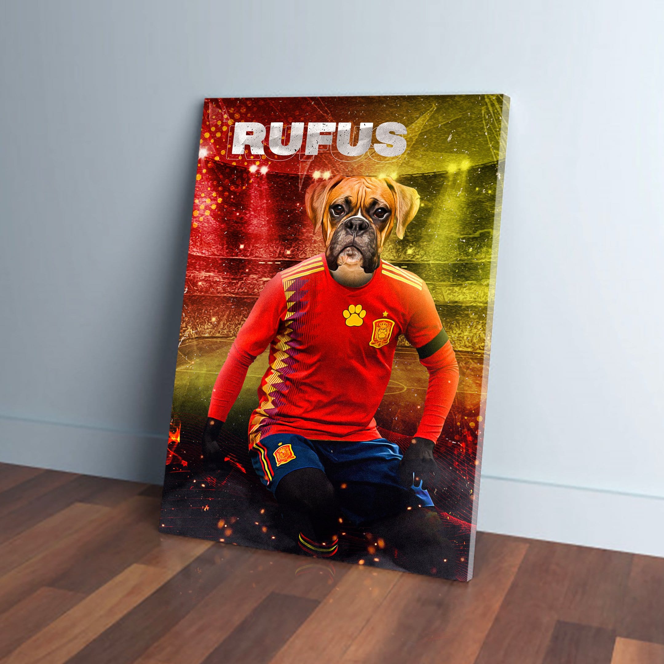 Personalized pet canvas featuring a boxer dog in a red Spain soccer jersey on a stadium background.