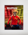 Personalized pet poster featuring a boxer dog in a red Spain soccer uniform with "RUFUS" above.
