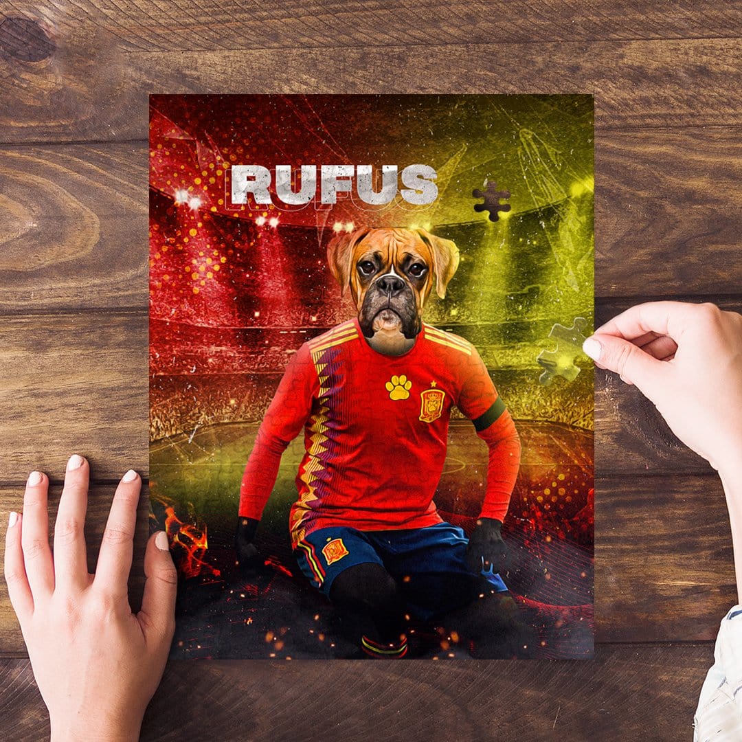 Personalized pet puzzle featuring a boxer dog in a red Spain soccer uniform, named "Rufus.