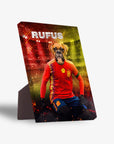 Personalized pet standing canvas featuring a boxer dog in a red Spain soccer jersey, with "RUFUS" above.