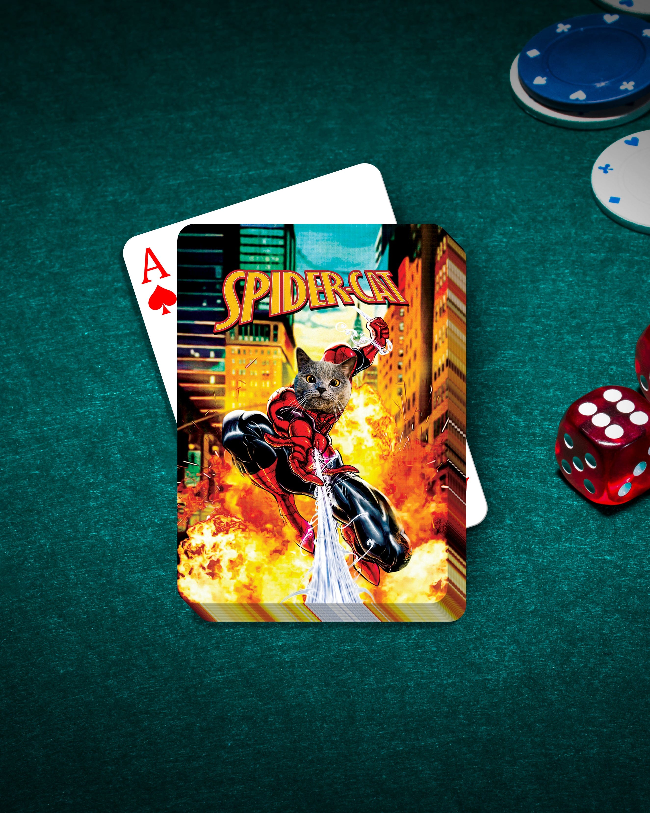 Personalized SpiderCat playing card featuring a custom pet portrait on a green felt table with chips and dice.