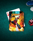 Personalized SpiderCat playing card featuring a custom pet portrait on a green felt table with chips and dice.