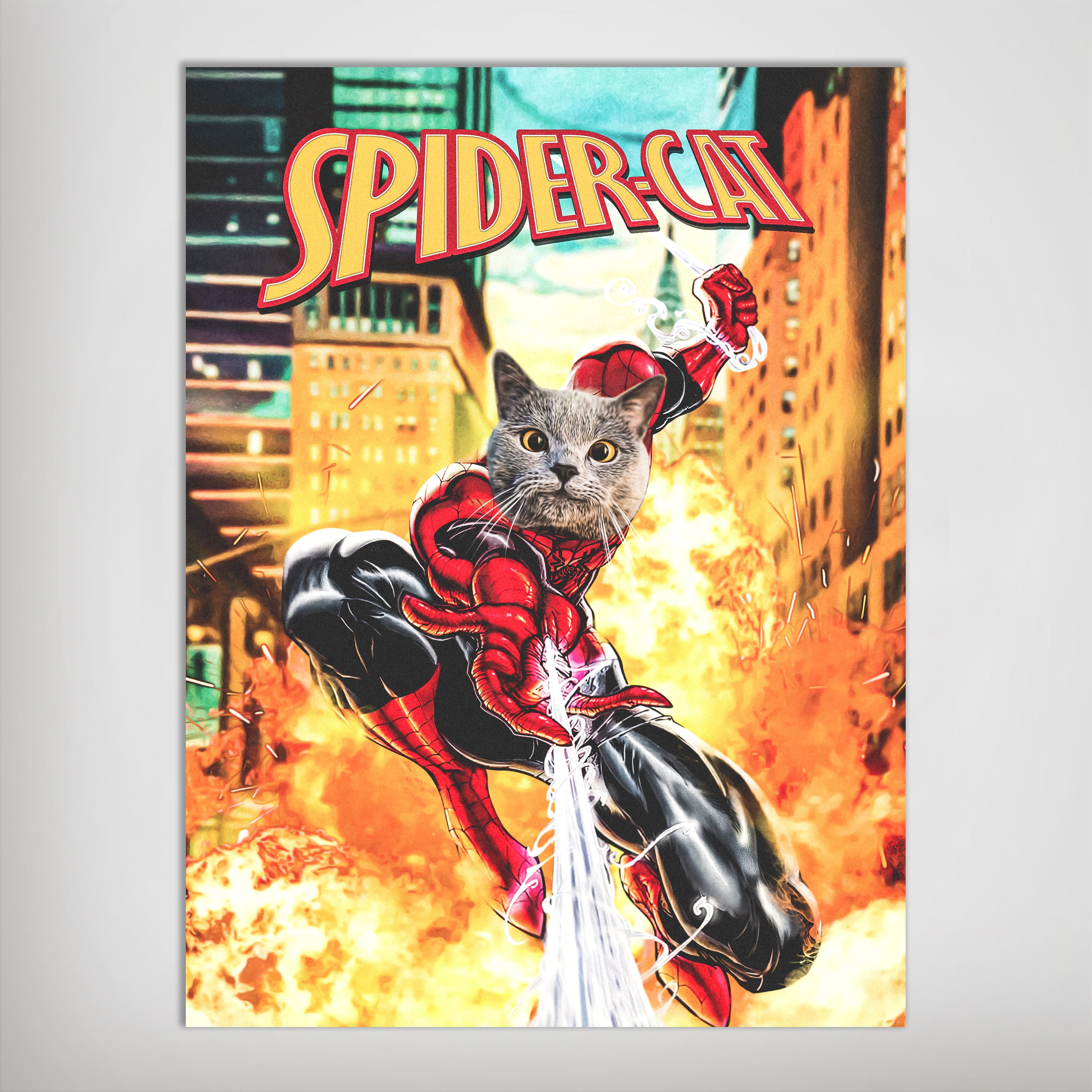 Personalized Spider-Cat comic book poster featuring a gray cat's face on a red and blue superhero body.