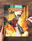 Personalized 'SpiderCat' pet puzzle featuring a gray cat's face on a superhero body, being assembled on wood.