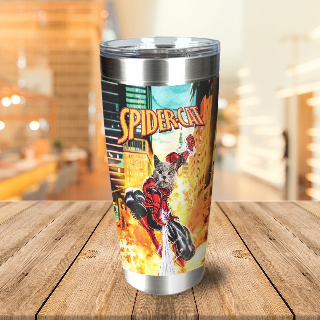 Personalized stainless steel tumbler with a custom "SpiderCat" portrait of a cat in a superhero suit.