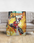 Personalized Spider-Dog pet blanket featuring a French Bulldog superhero portrait on a gray sofa.