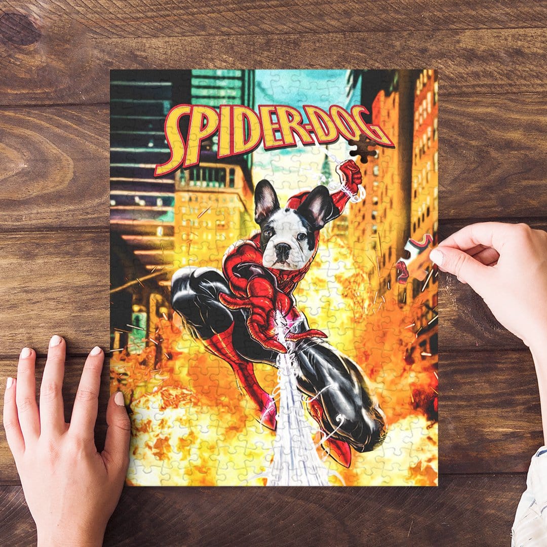 Personalized "SpiderDog" pet puzzle featuring a French Bulldog in a superhero costume.
