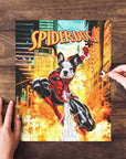 Personalized "SpiderDog" pet puzzle featuring a French Bulldog in a superhero costume.