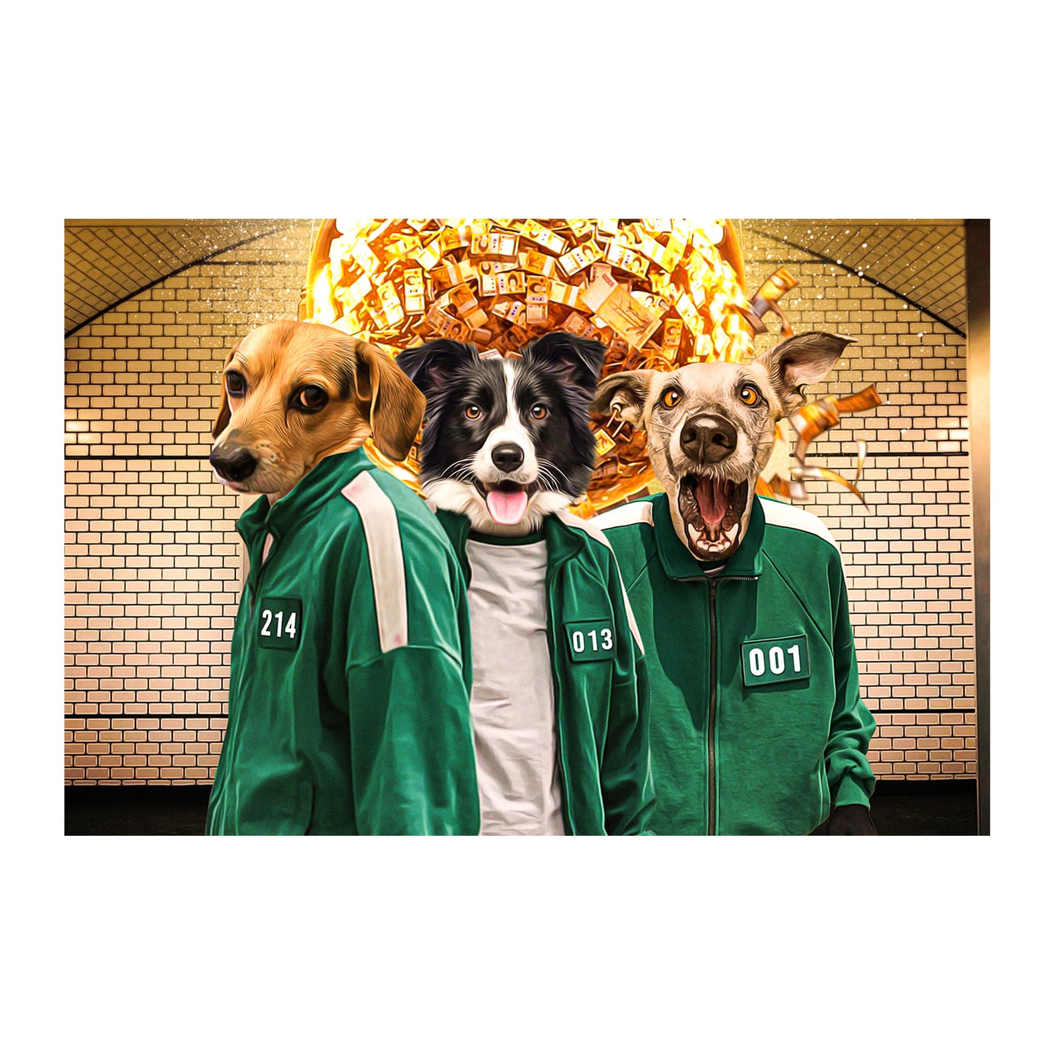 Custom 3-pet digital portrait of dogs in green tracksuits with a money explosion background.