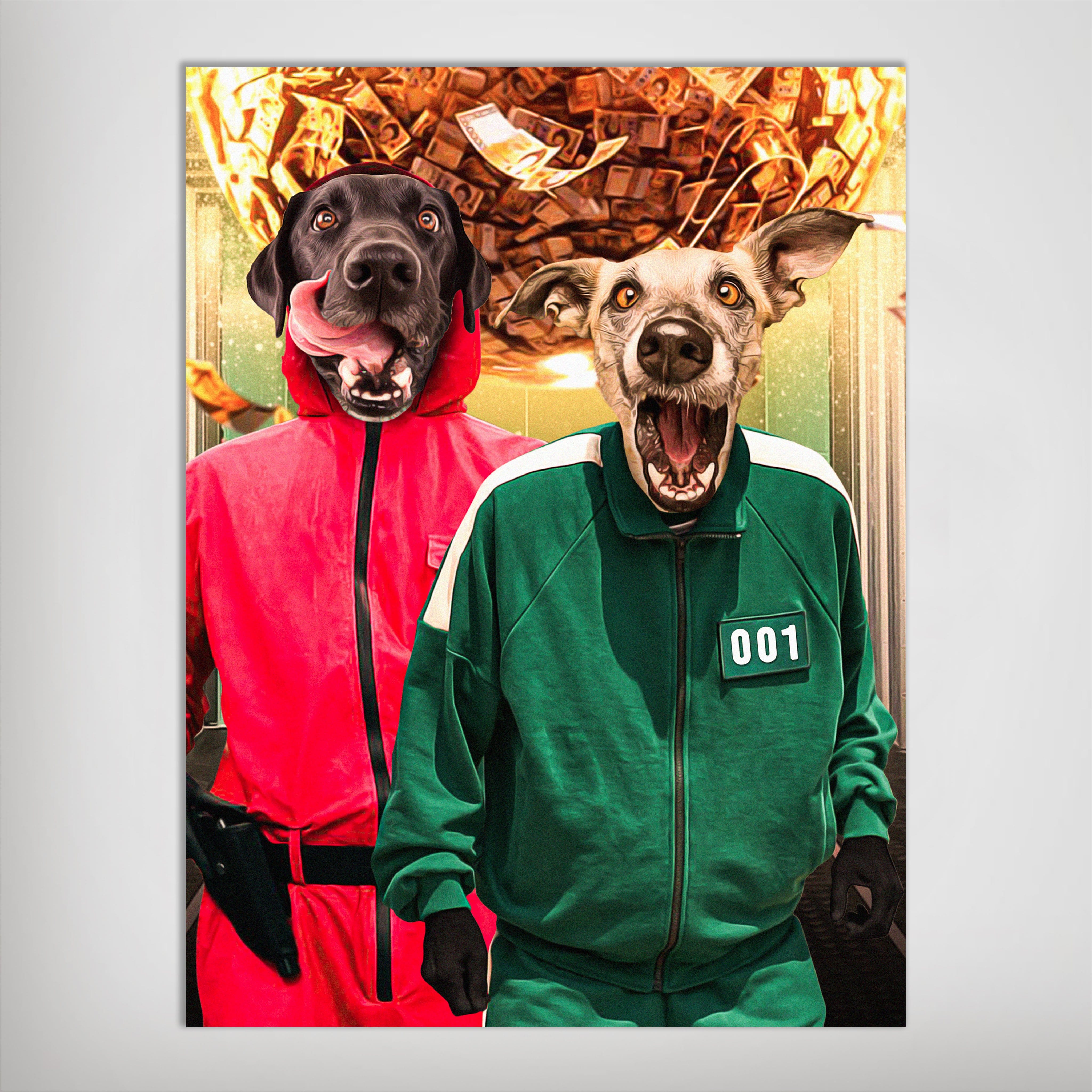 Personalized 'Squid Paws' poster featuring two pets in red and green tracksuits, with a money-filled background.