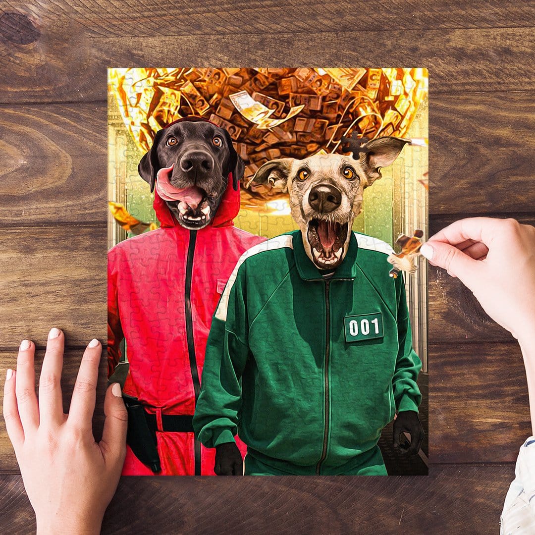 Personalized 2 pet puzzle featuring dogs in Squid Game costumes, being assembled on a wooden table.