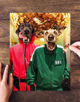 Personalized 2 pet puzzle featuring dogs in Squid Game costumes, being assembled on a wooden table.