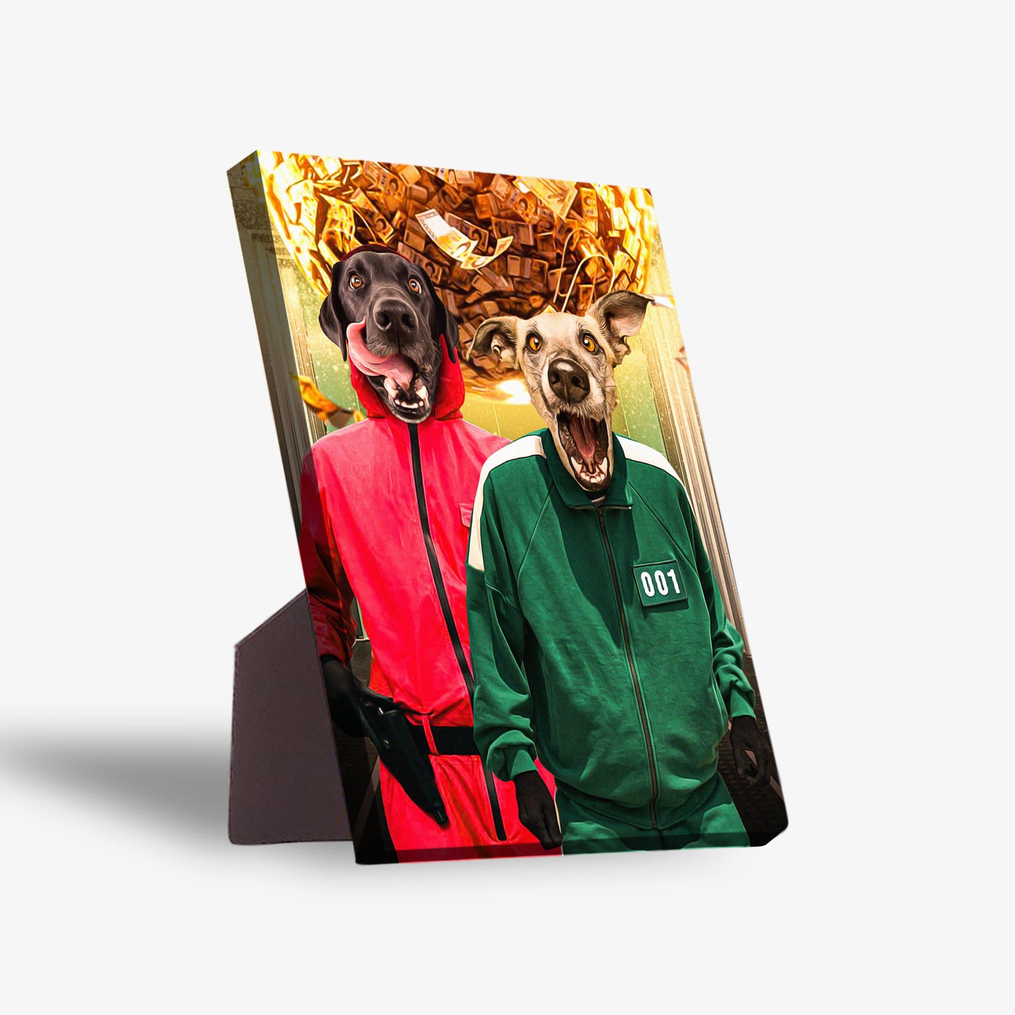Personalized 'Squid Paws' standing canvas featuring two pets in red and green tracksuits.
