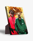 Personalized 'Squid Paws' standing canvas featuring two pets in red and green tracksuits.