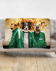 Personalized 3-pet blanket featuring dogs in green tracksuits against a brick wall.