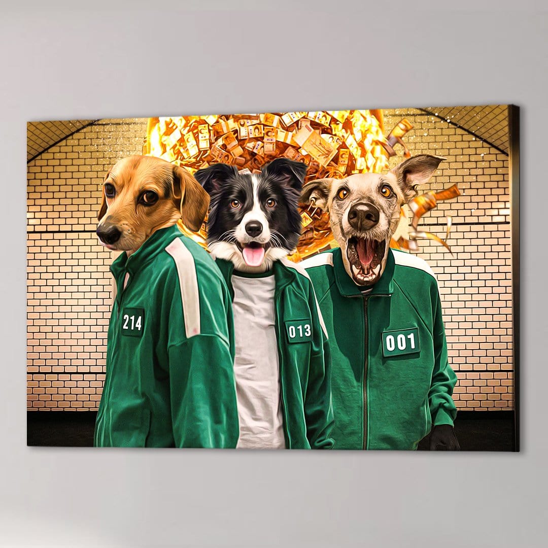 Personalized 'Squid Paws' canvas featuring three dogs in green tracksuits with a fiery money explosion.