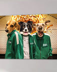 Personalized 'Squid Paws' canvas featuring three dogs in green tracksuits with a fiery money explosion.