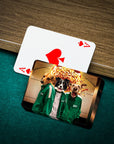 Personalized playing cards featuring three pets in green Squid Game-style tracksuits on a dark green felt table.