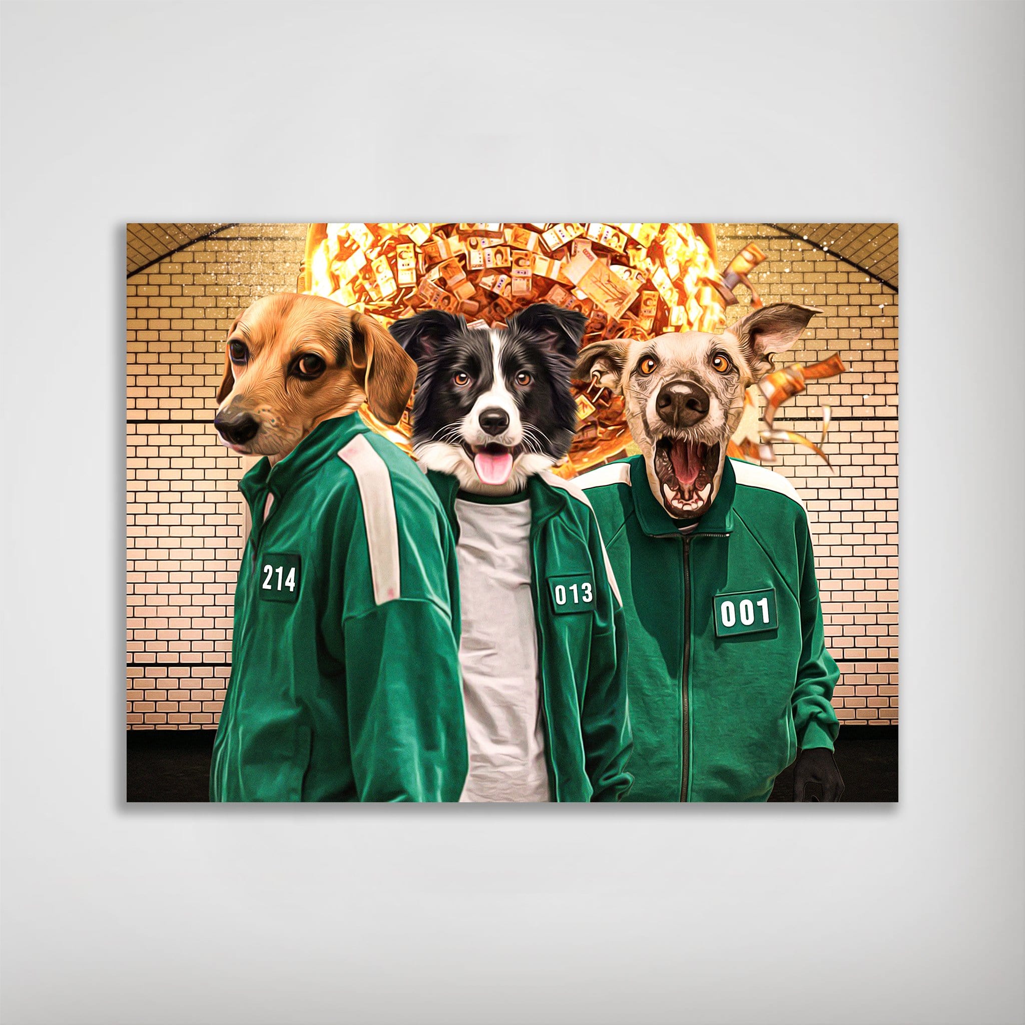 Personalized 'Squid Paws' poster featuring three pets in green tracksuits with a money explosion background.