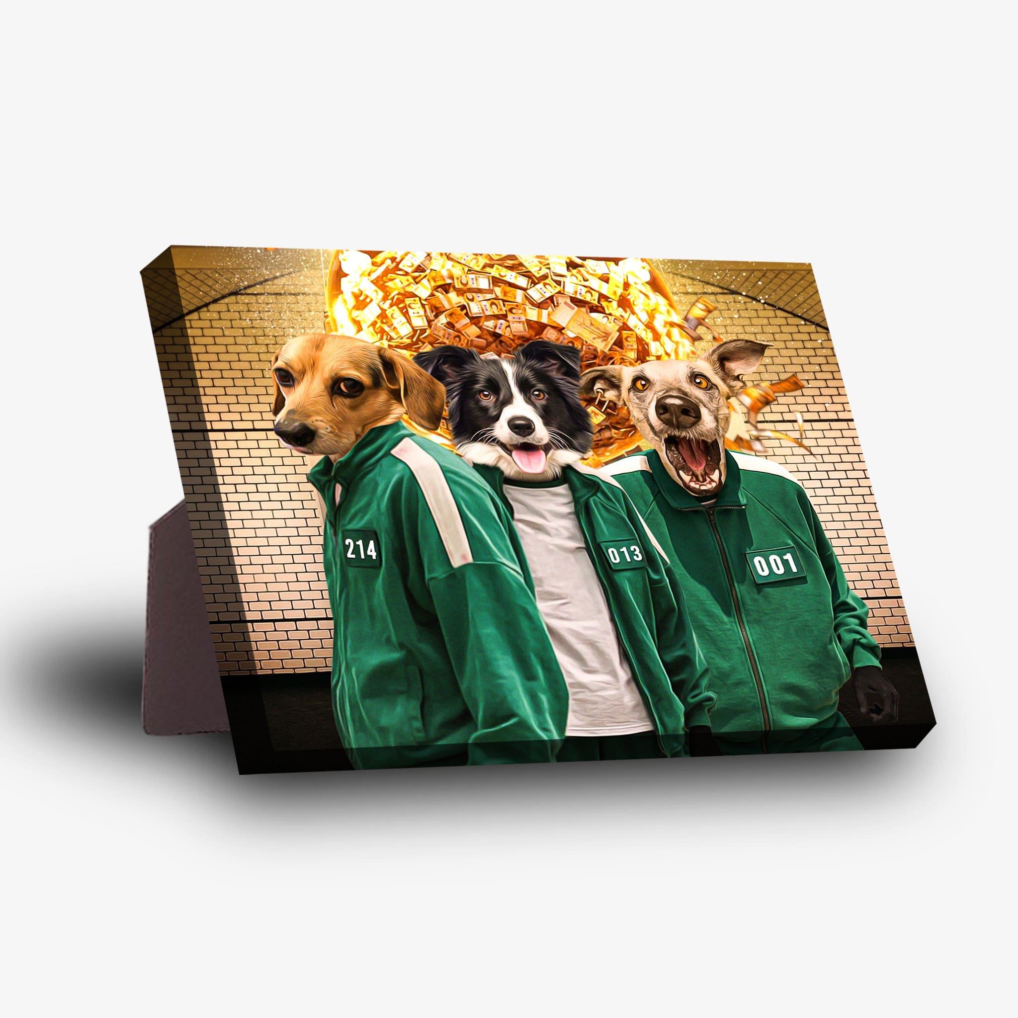 Personalized 'Squid Paws' standing canvas featuring three dogs in green tracksuits against a brick wall with an explosion of money.