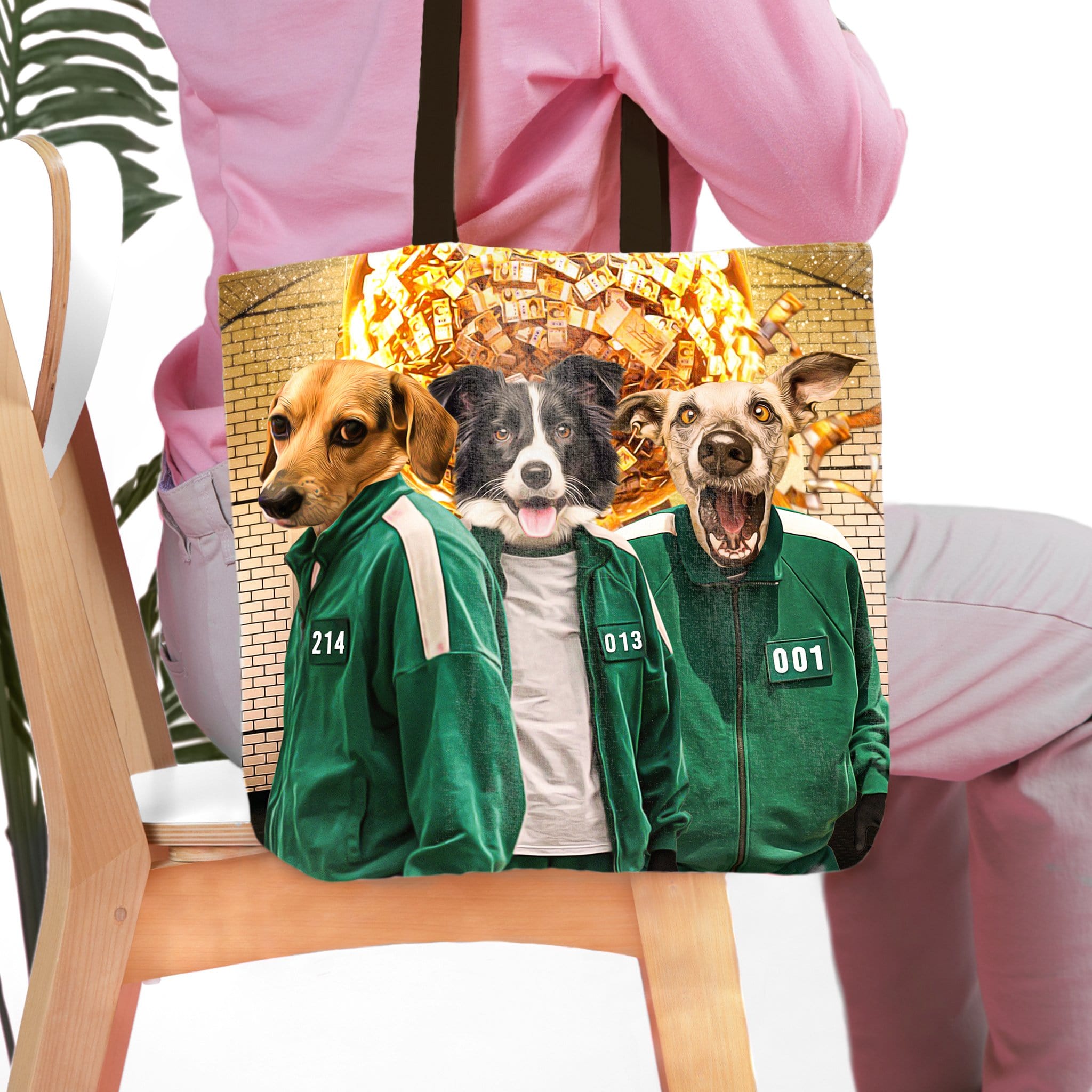 Personalized 'Squid Paws' pet portrait tote bag featuring three dogs in green tracksuits.