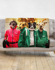 Personalized pet portrait blanket featuring four dogs in Squid Game costumes on a gray sofa.
