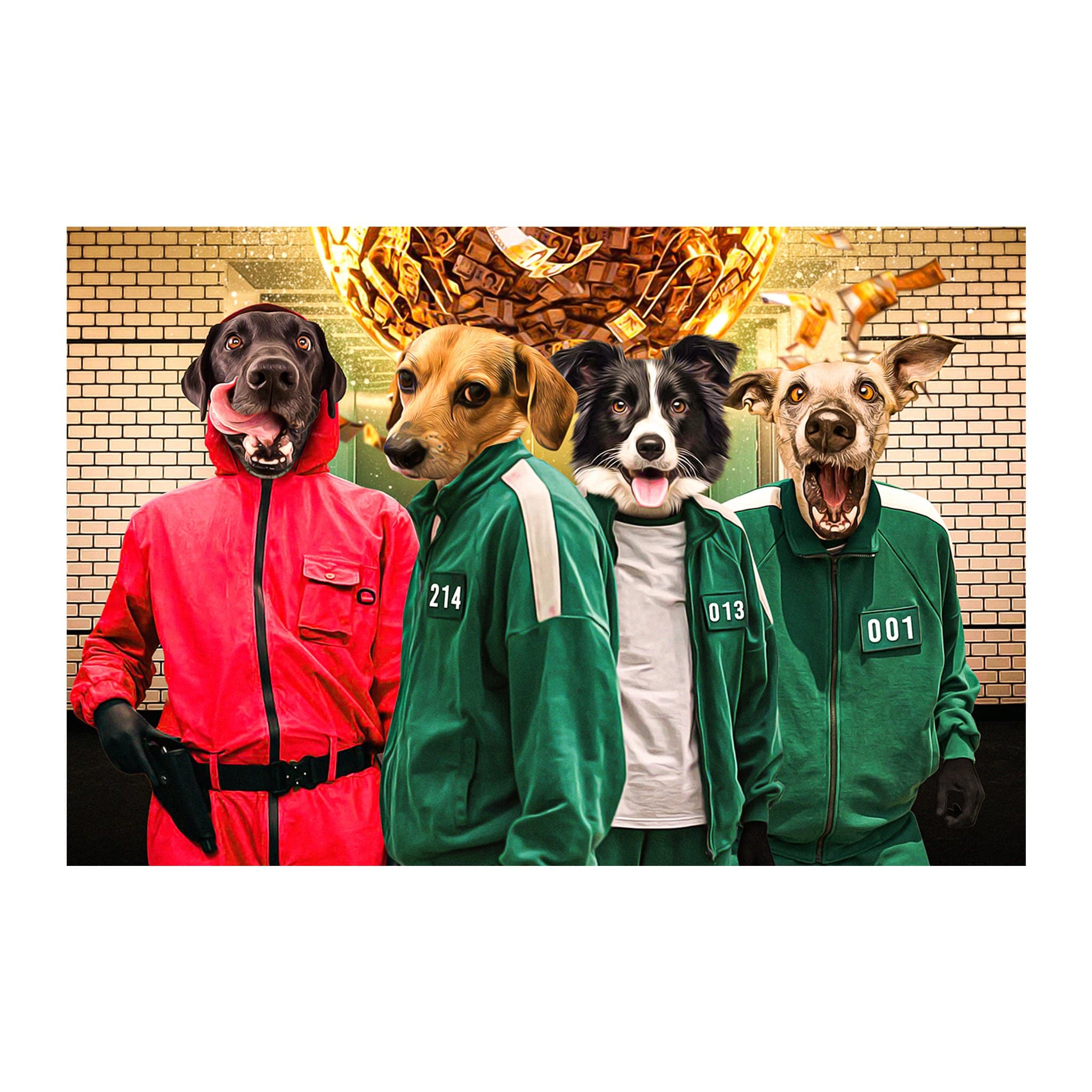 Personalized digital portrait of four dogs in Squid Game costumes against a brick wall.