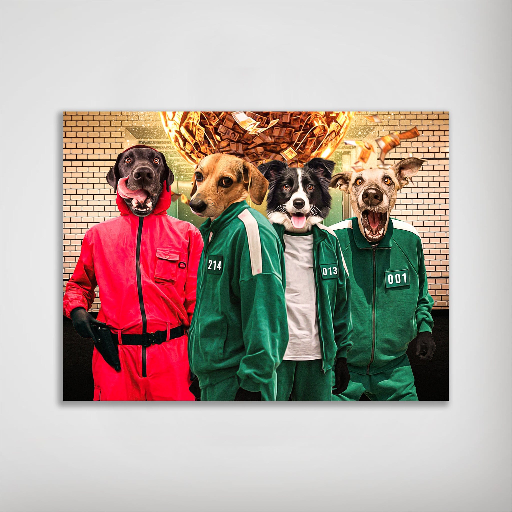 Personalized 'Squid Paws' poster featuring four pets in red and green tracksuits, with a money ball background.