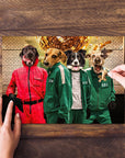 Personalized 4-pet puzzle featuring dogs in Squid Game costumes, being assembled on a wooden table.