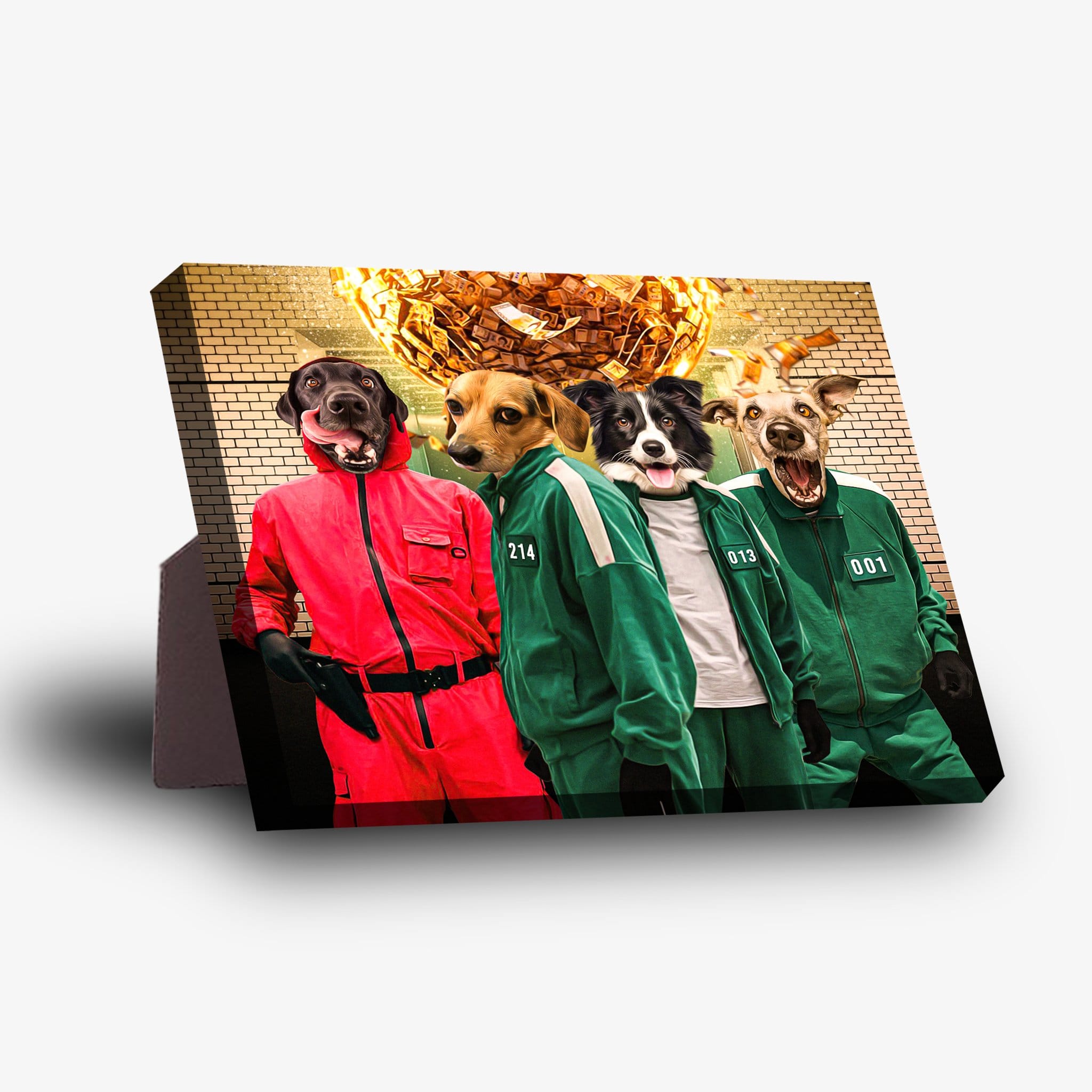 Four pets in Squid Game costumes on a personalized standing canvas with a brick wall background.