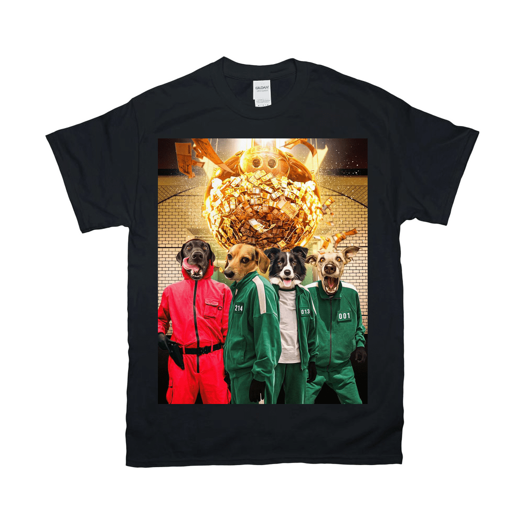 Black Gildan t-shirt featuring four pets in Squid Game outfits with a golden pig background.