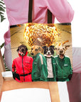 Personalized 'Squid Paws' 4-pet tote bag with dogs in red and green costumes.