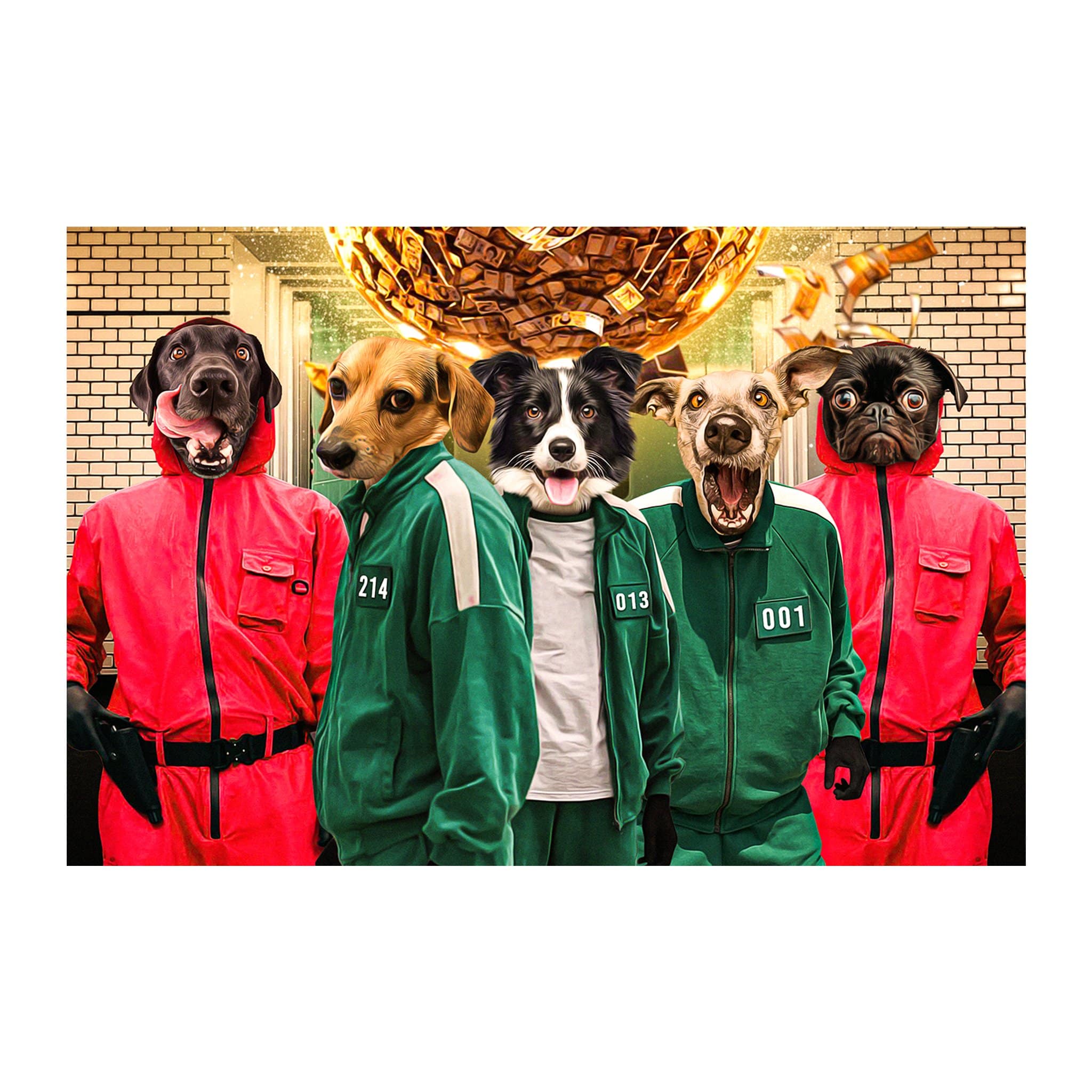 Personalized 5-pet digital portrait with dogs in red and green Squid Game costumes.