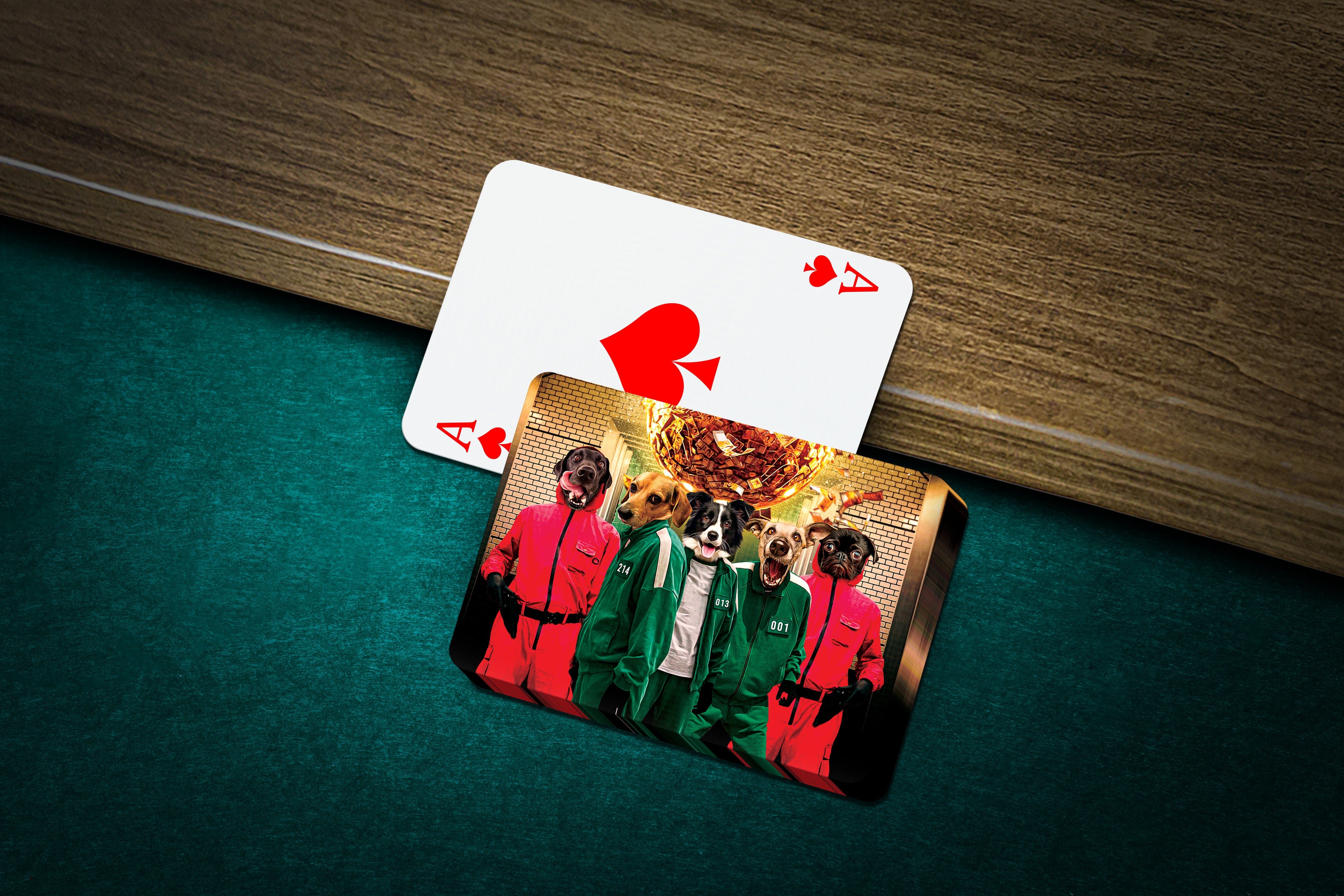 Custom personalized playing cards featuring five pets in Squid Game costumes on a green felt table.