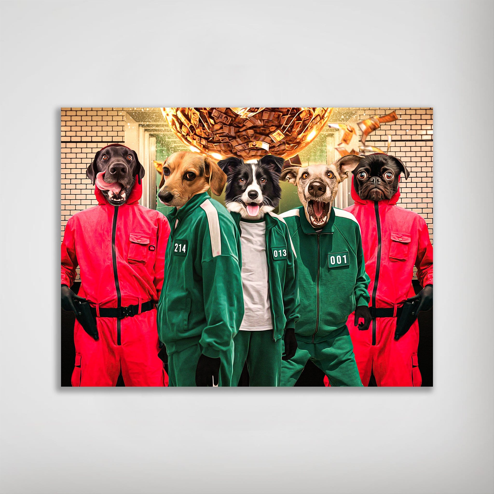 Personalized 'Squid Paws' poster featuring five pets with dog heads on bodies wearing red and green tracksuits.