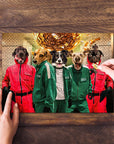 Personalized 5-pet puzzle featuring dogs in red and green Squid Game costumes.