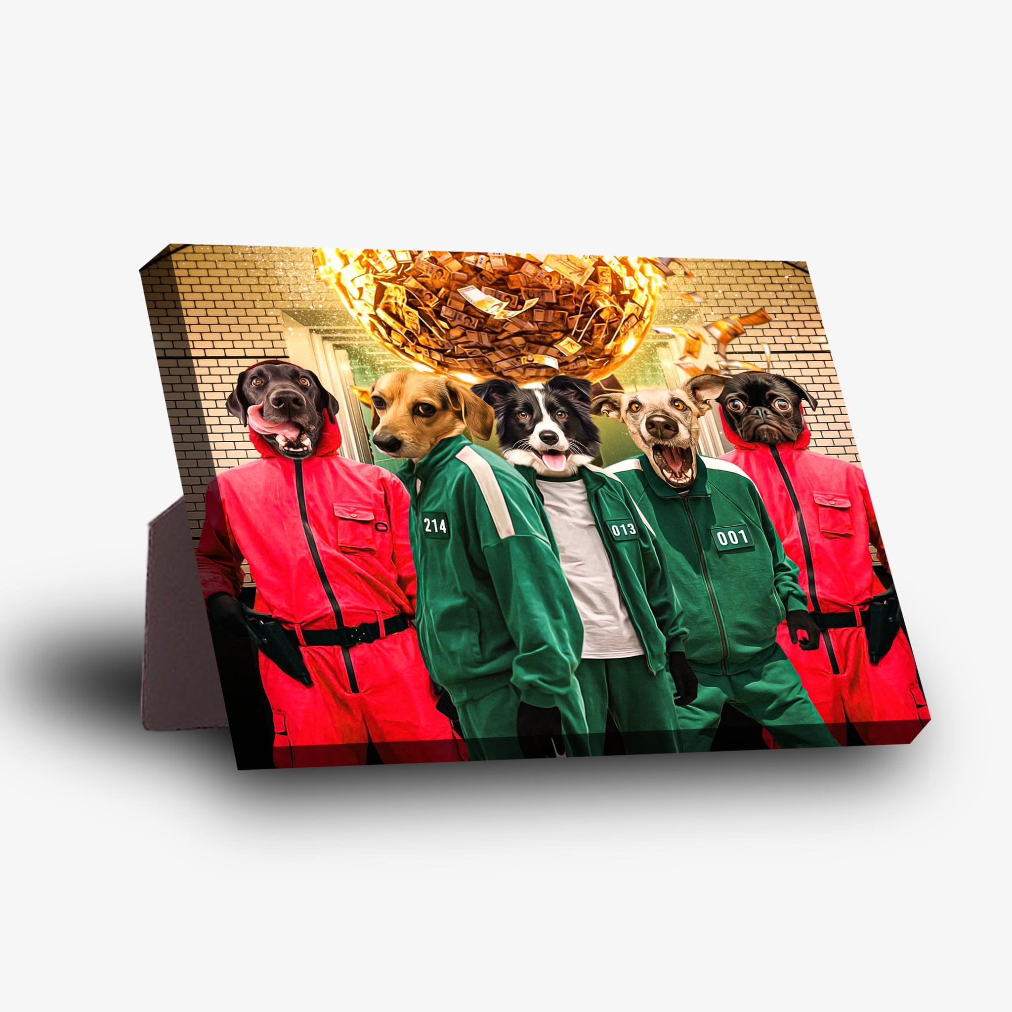 Personalized 'Squid Paws' standing canvas featuring 5 pets in red and green jumpsuits.