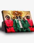 Personalized 'Squid Paws' standing canvas featuring 5 pets in red and green jumpsuits.