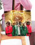Personalized 'Squid Paws' pet portrait tote bag featuring five dogs in red and green tracksuits.