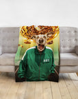 Personalized pet blanket with a dog in a green tracksuit and a golden bowl on its head.