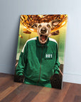 Custom pet canvas featuring a dog's head on a person in a green tracksuit with "001" and a golden prize.