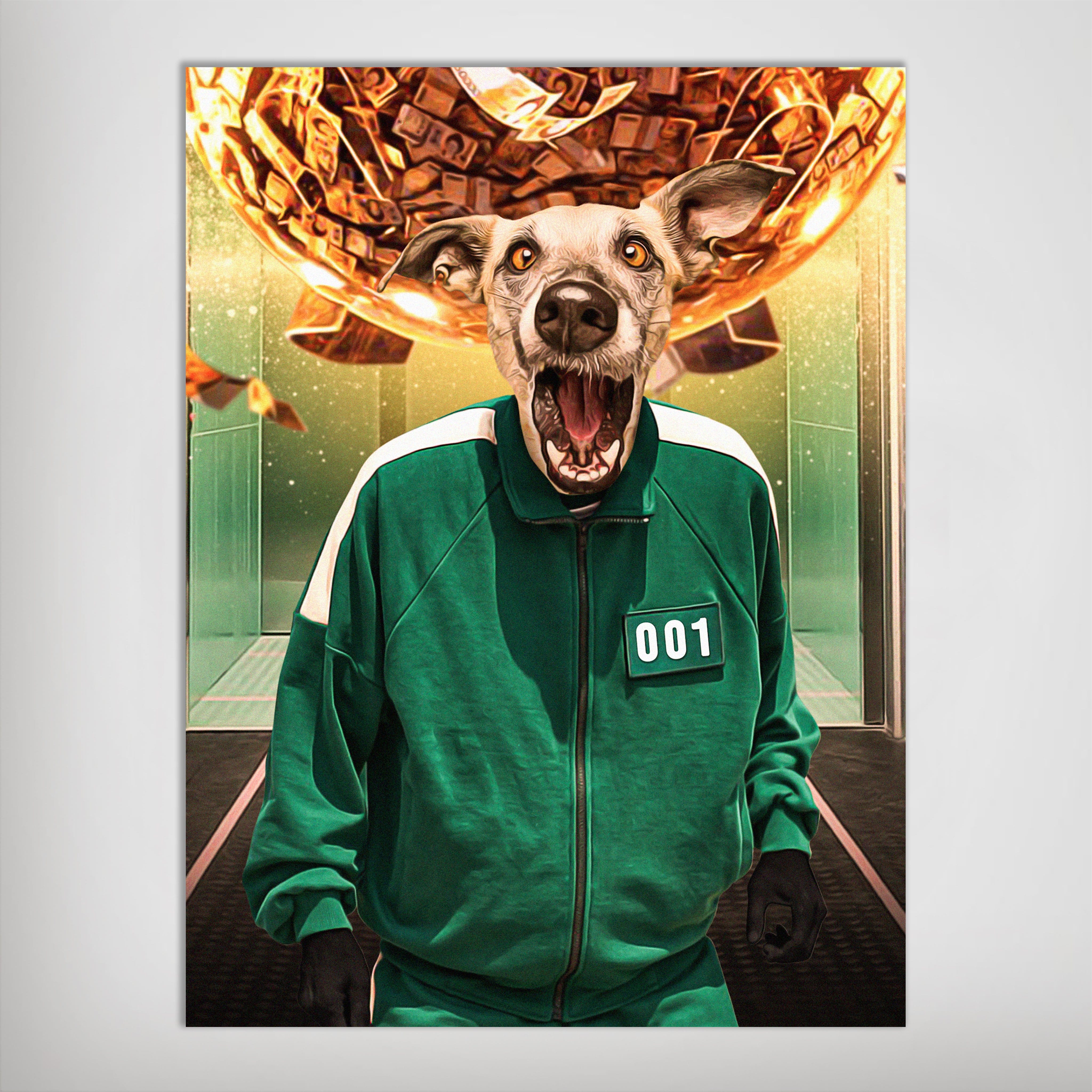 Personalized "Squid Paws" pet poster featuring a dog's head on a green tracksuit body with "001" and a golden sphere of money.